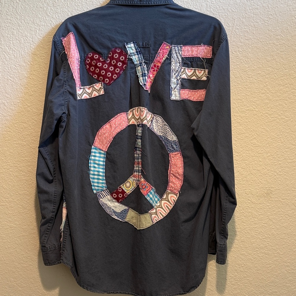 Upcycled Navy Shirt with Love and Peace Patchwork